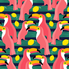 Seamless vector background. Pink toucans on a tropical background. Vector illustration.
