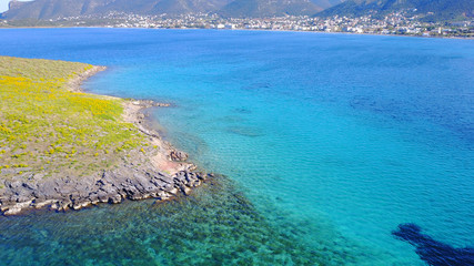 Fototapeta na wymiar Aerial drone photo of bay in Porto Rafti, Mesogeia, Attica, Greece