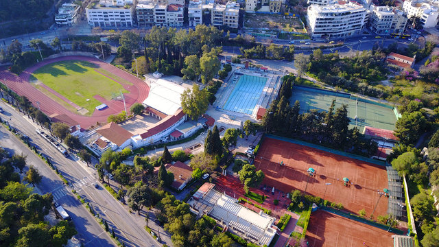 Aerial drone photo of Zapeion area near pillars of Olympian Zeus, Attica, Greece