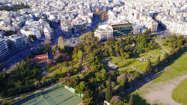 Aerial drone photo of Zapeion area near pillars of Olympian Zeus, Attica, Greece