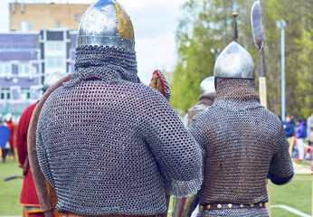 Medieval russian warriors wearing chain armor