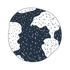 white background with dark blue hand drawn silhouette of world sphere vector illustration
