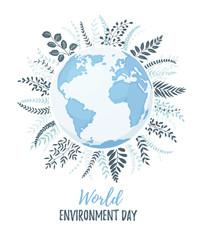 World Environment day poster with branches and text. Cartoon Earth planet isolated on white background.