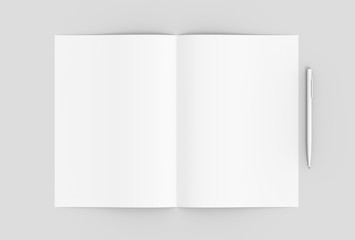 Folded empty paper with pencil on soft gray background. 3D illustrating.