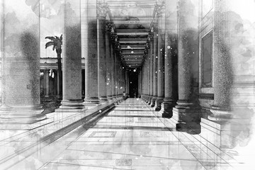 Architect drawing of columns in cloister in Rome