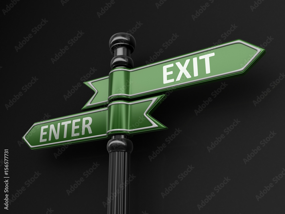 Poster enter and exit pointers on signpost. image with clipping path