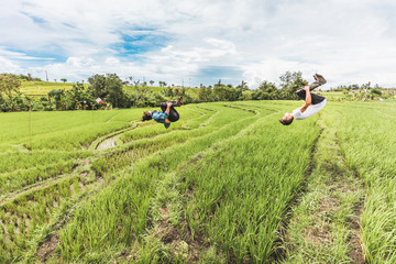 Freerunning in rice fields in Canggu, Bali