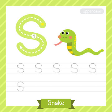 Letter S uppercase tracing practice worksheet with snake for kids learning to write. Vector Illustration.