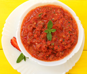 Soup gazpacho with strawberries and sun-dried tomatoes