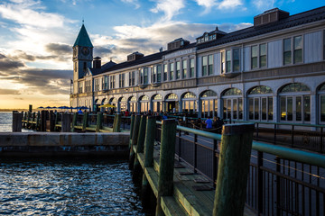 Scenic views of Pier A in Battery Park New York City during dramatic sunset