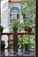 Clay pots with flowers stand on the balcony and on the floor against the opened doors of the old Indian house