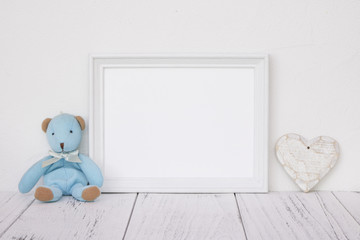 Stock photography white frame vintage painted wood table cute blue bear heart retro craft