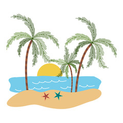 color silhouette with landscape of sea and sunset between palm trees vector illustration