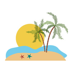 color silhouette with landscape of sea and big sun and palm trees vector illustration