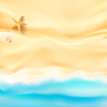 Abstract Background Sand And Sea Beach Starfish Shell And Rock With Copy Space For Summer Vacation Concept