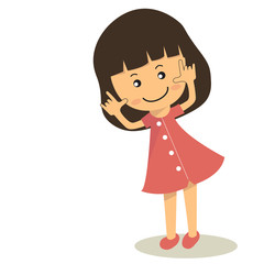 Vector cute cartoon girl in pink dress on white background.