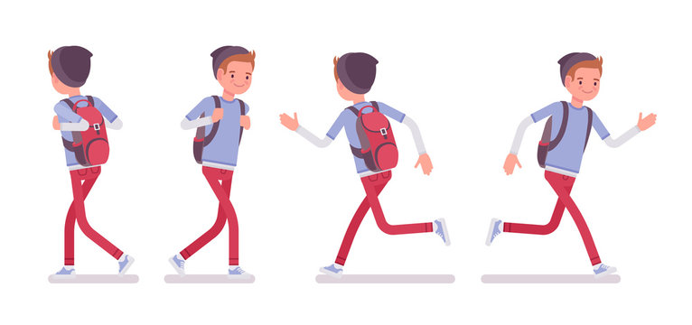 Teenager boy in walking and running pose