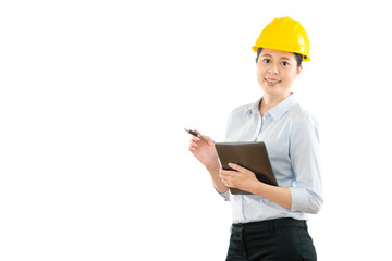 engineer with hat hand holding digital tablet