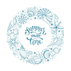 Travel time vertical banner. Hand drawn sea shells and stars collection. Marine illustration of ocean shellfish. Seashells contour in stripe isolated on white background.