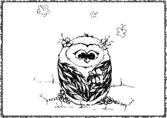 Ink story about owls, girl with flower