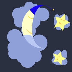 Sleeping moon and stars in the dark blue midnight sky. The moon lies on a cloud, covered by another cloud, the stars just rest on the clouds. Can be used as an illustration, background or wallpaper.