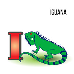 Cute Zoo alphabet I with cartoon iguana, wild exotic animal vector illustration reptile isolated on background Education for children, preschool, ABC poster for learn to read, character design, mascot