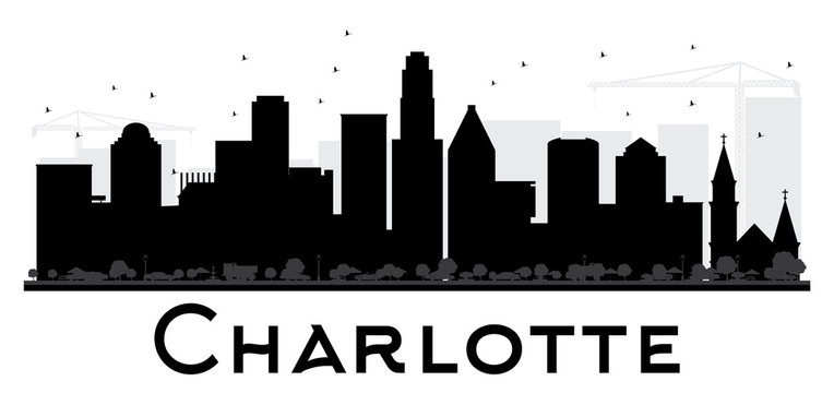 Charlotte City skyline black and white silhouette.