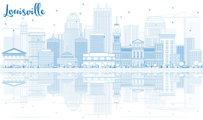 Outline Louisville Skyline with Blue Buildings and Reflections.