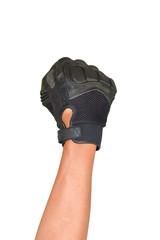Motorcycle glove and hand signal slow down or stop isolated on w