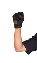 Motorcycle glove and hand signal slow down or stop isolated on w