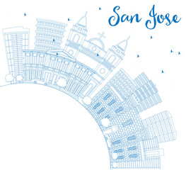 Outline San Jose Skyline with Blue Buildings and Copy Space.