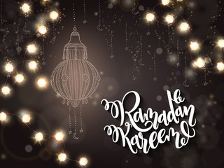 vector illustration of hand lettering greetings text - ramadan kareem with shining lights, bulbs garland and flashlight on background