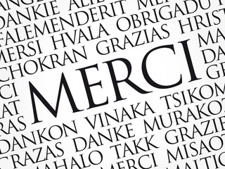 Merci (Thank You in French) Word Cloud background, all languages, multilingual for education or thanksgiving day