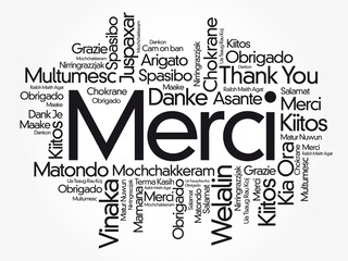 Merci (Thank You in French) Word Cloud background, all languages, multilingual for education or thanksgiving day