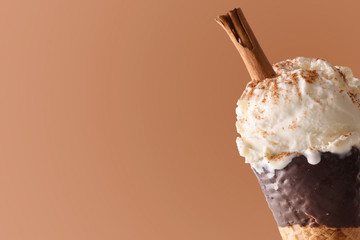 Ice cream cone flavored meringue milk brown background