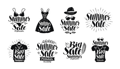 Summer sale, label set. Fashion, boutique, clothes shop, shopping icon or logo. Handwritten lettering, calligraphy vector illustration