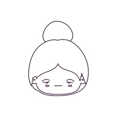 monochrome silhouette of kawaii head little girl with collected hair and facial expression sad vector illustration