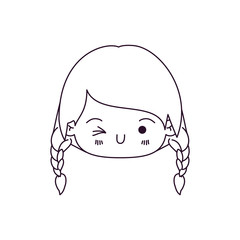monochrome silhouette of kawaii head little girl with braided hair and facial expression wink eye vector illustration