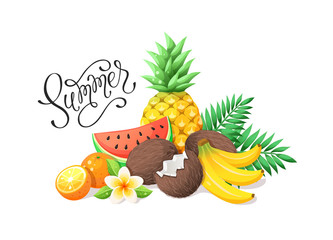 Tropical fruits composition isolated on white background. Summer calligraphic word with colorful fresh summer fruits collection.