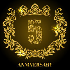 Anniversary of 5 years. Digits, frame and crown made in swirls and floral elements with gold glitter and sparkle