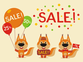 Set for design sale with squirrel. Collection of cartoon squirrel for sale of goods for children.