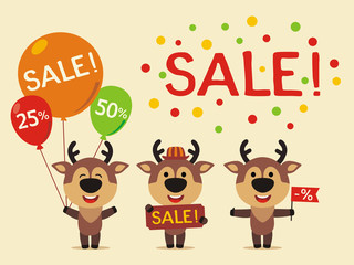 Set for design sale with deer. Collection of cartoon deer for sale of goods for children.