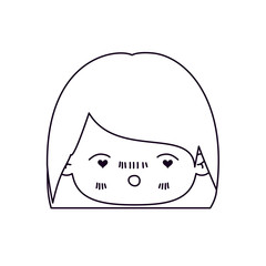 monochrome silhouette of facial expression enamored kawaii little girl with short hair vector illustration
