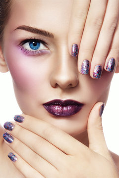 Close-up Portrait Of Young Beautiful Woman With Stylish Make-up And Glitter Manicure