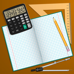 Vector illustration on the theme of school. Notebook, pencil, calculator, ruler and compass laid on the table.