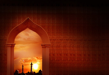 Eid-Ul-Adha festival celebration. Ramadan Kareem background with mosque arch.