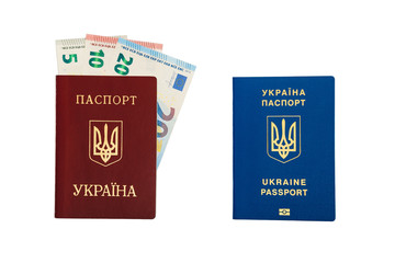 New ukrainian international biometric passport with chip & fingerprints vs old ukrainian red international passport with 35 euro banknotes cash inside - Schengen visa fee, isolated on white. Top view