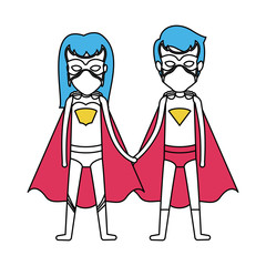color silhouette with duo of superheroes united of the hands and her with long hair vector illustration