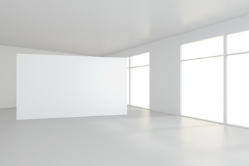 Blank white billboard in empty room with big windows, mock up, 3D Rendering.
