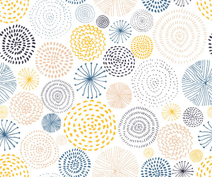 Vector seamless pattern with ink circle textures. Abstract seamless background with colorful fireworks.